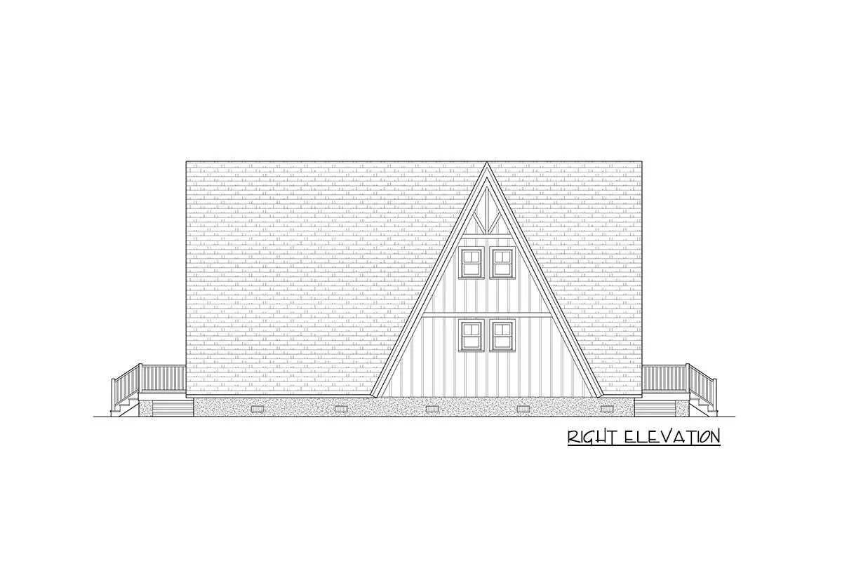Right elevation sketch of the two-story 3-bedroom contemporary A-frame house.