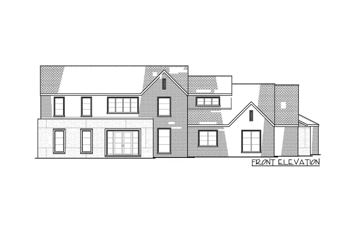The two-story, five-bedroom modern country house is shown on the front elevation.