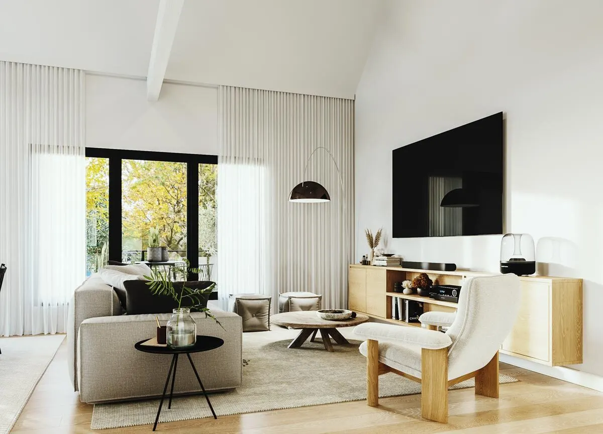 The living room has a stylish appearance with apparent black window trim.