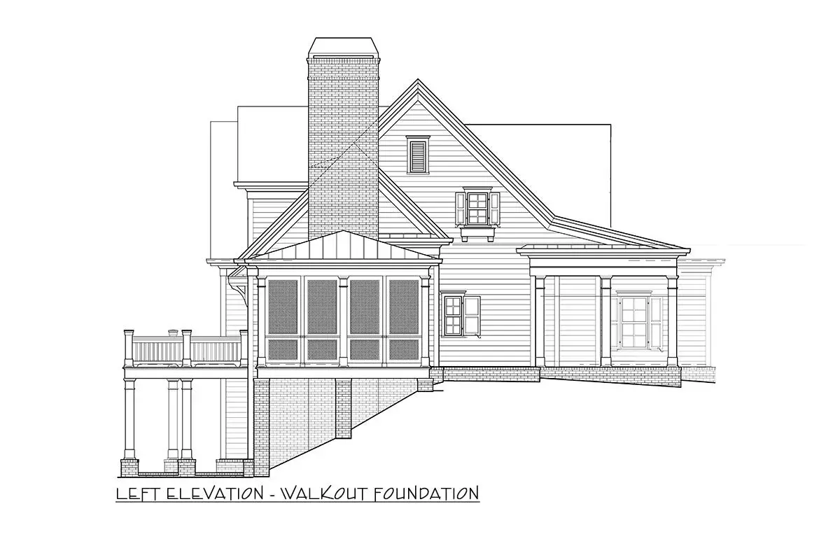 Left elevation-walkout foundation sketch of the 2-story 3-bedroom southern country charmer house.