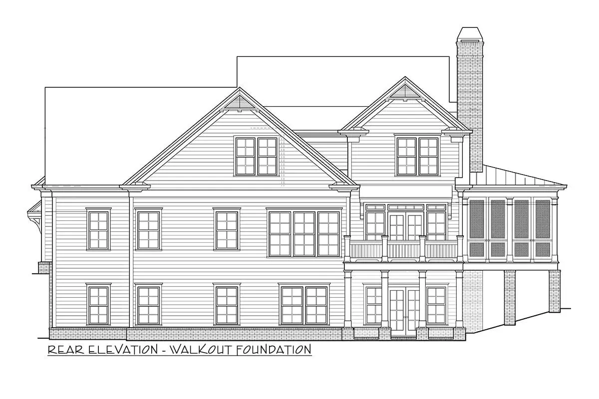 Rear elevation-walkout foundation sketch of the 2-story 3-bedroom southern country charmer house.
