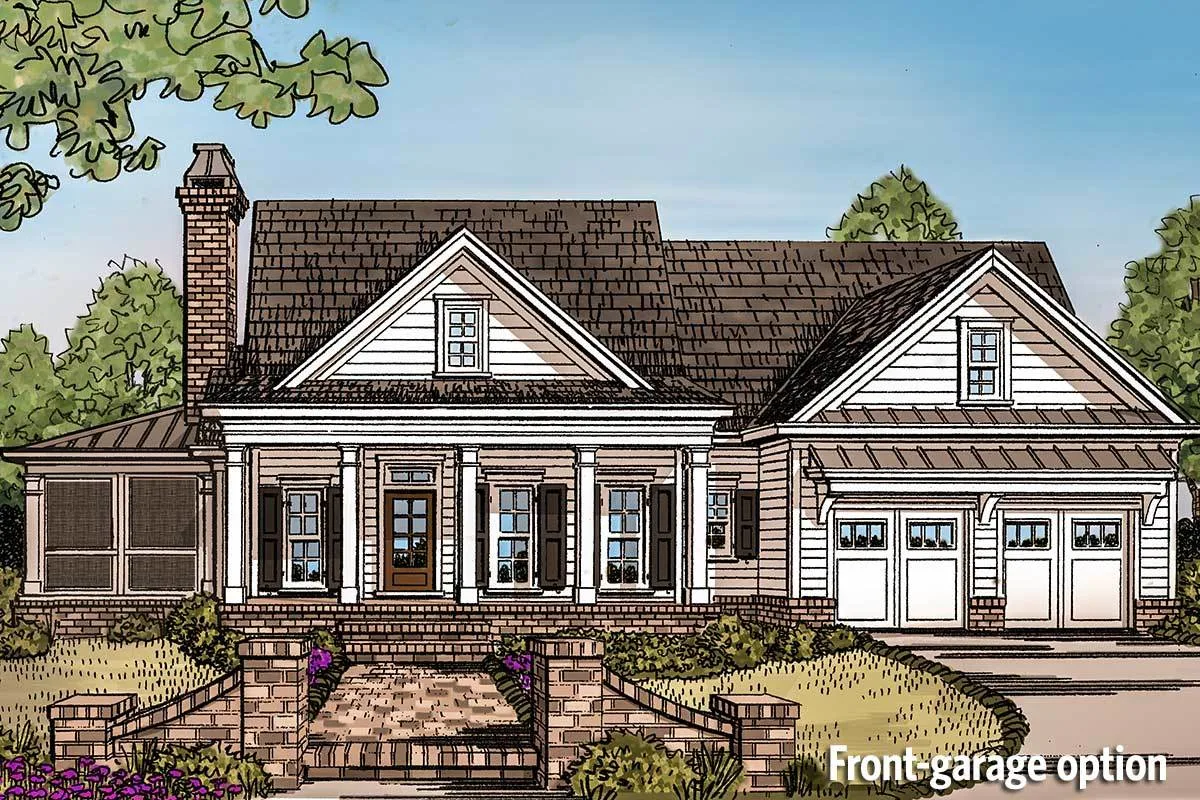 Front-garage option sketch of the 2-story 3-bedroom southern country charmer house.