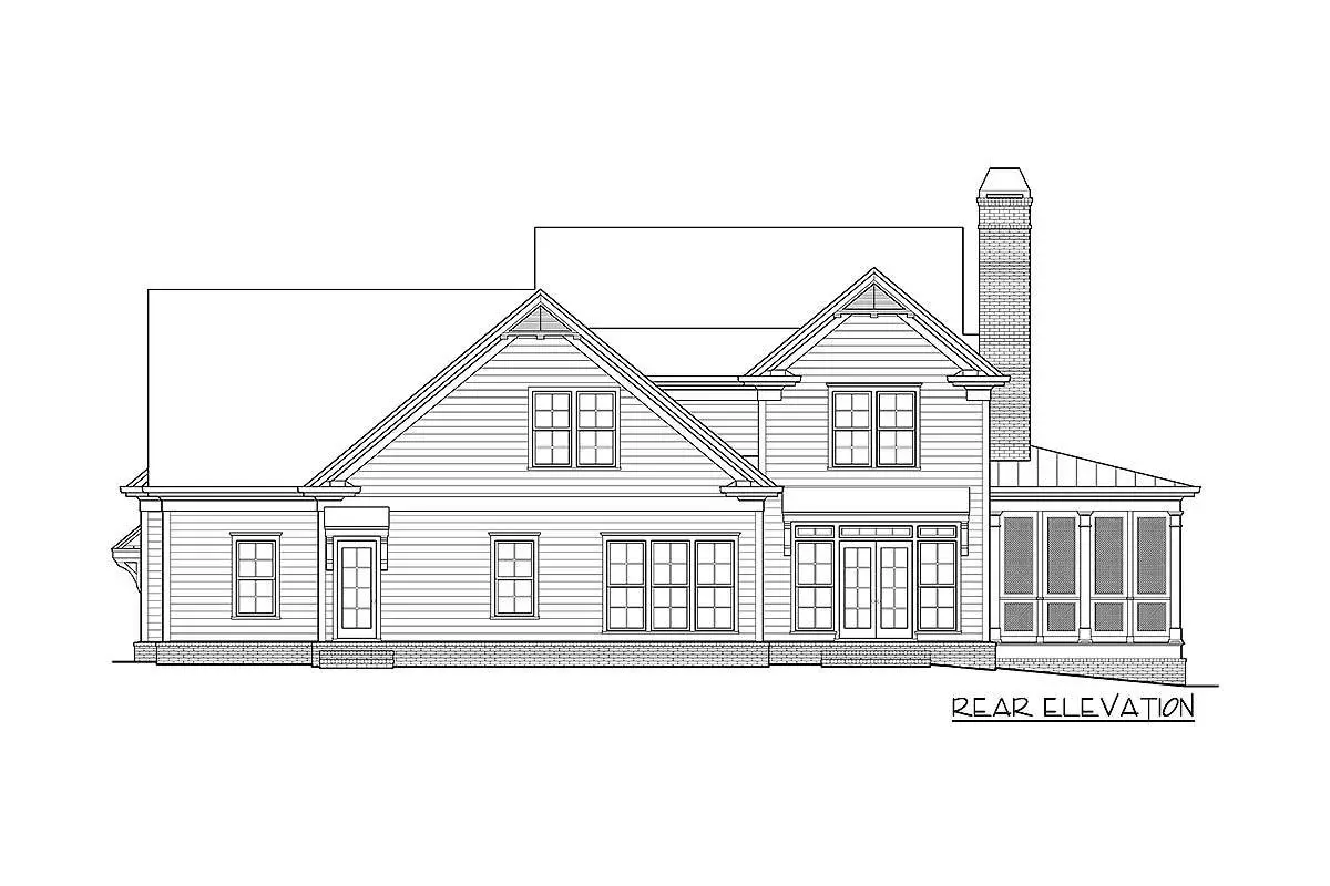 Rear elevation foundation sketch of the 2-story 3-bedroom southern country charmer house.