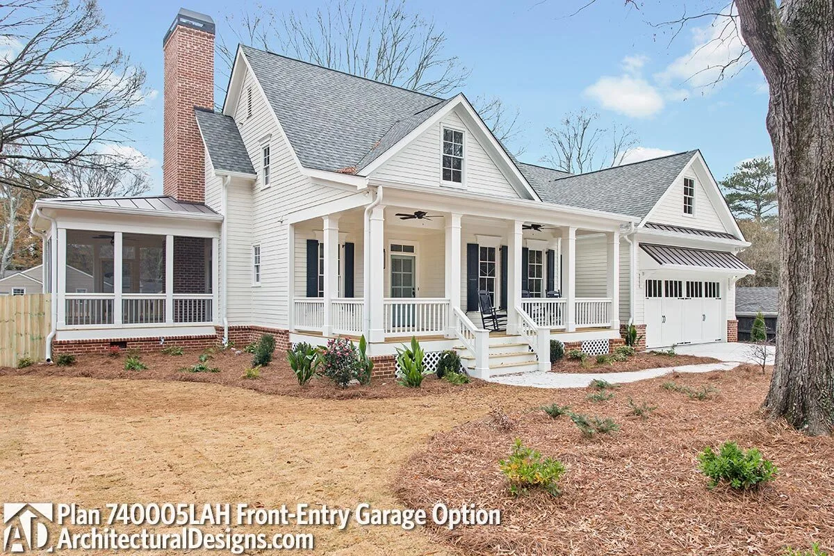 The covered porch area is seen on the left side of the house.