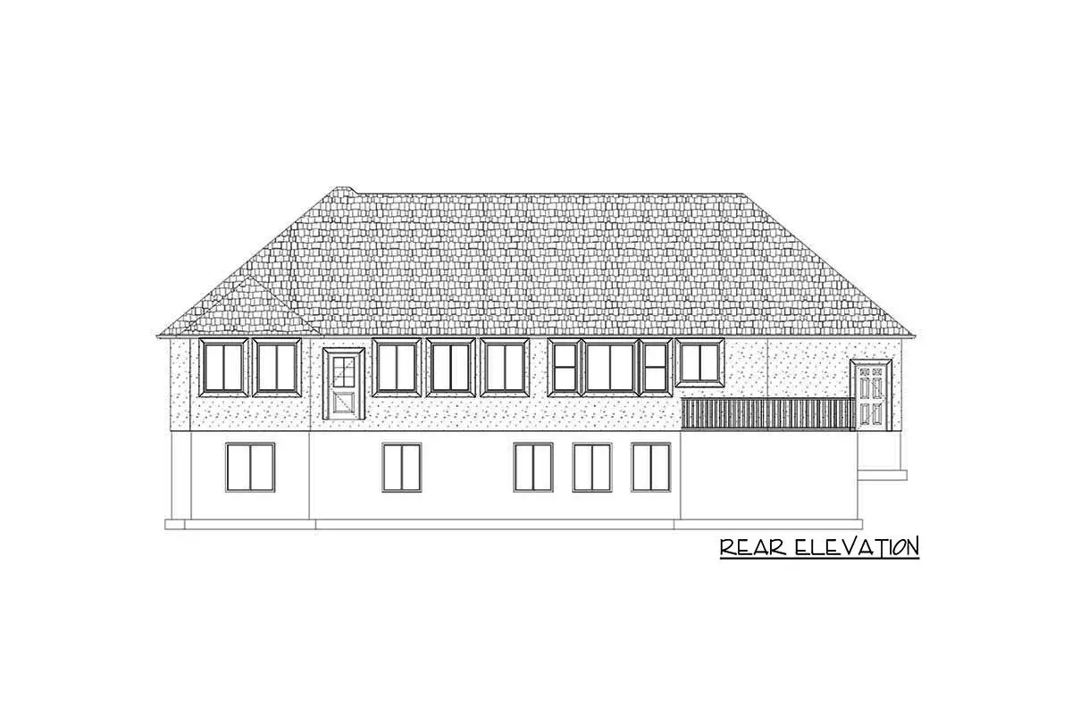 Rear elevation sketch of the single-story 3-bedroom country craftsman house.
