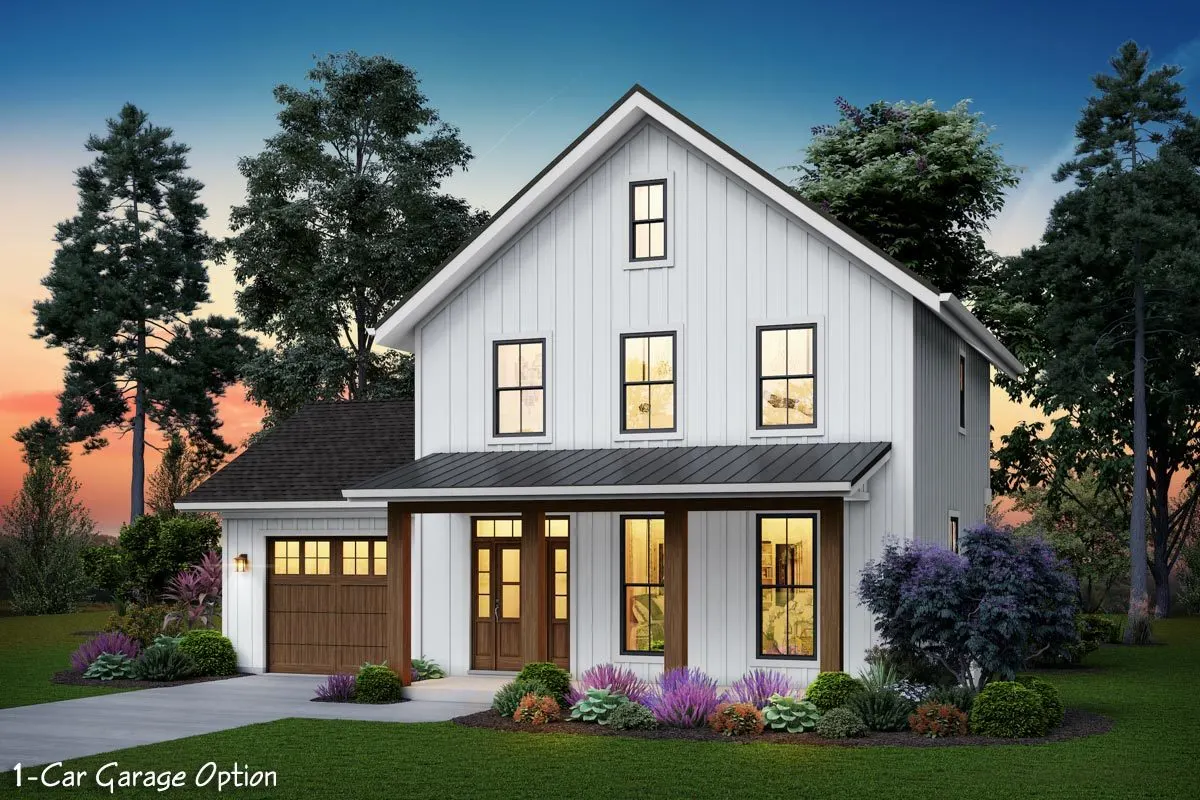 A 1-car garage is featured at the front of this modern farmhouse.