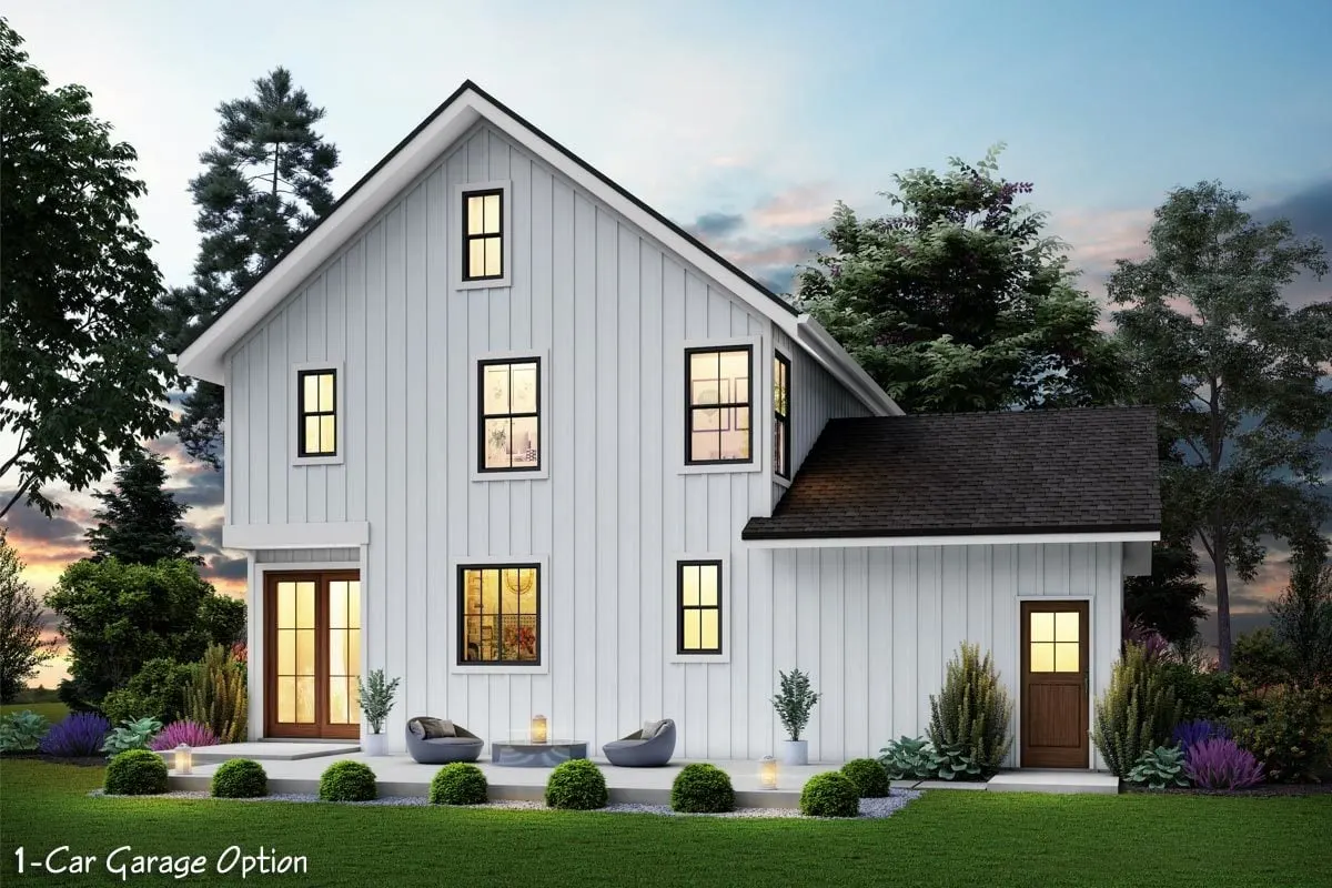 Doors with a wooden accent design and a lovely landscape in the backyard.