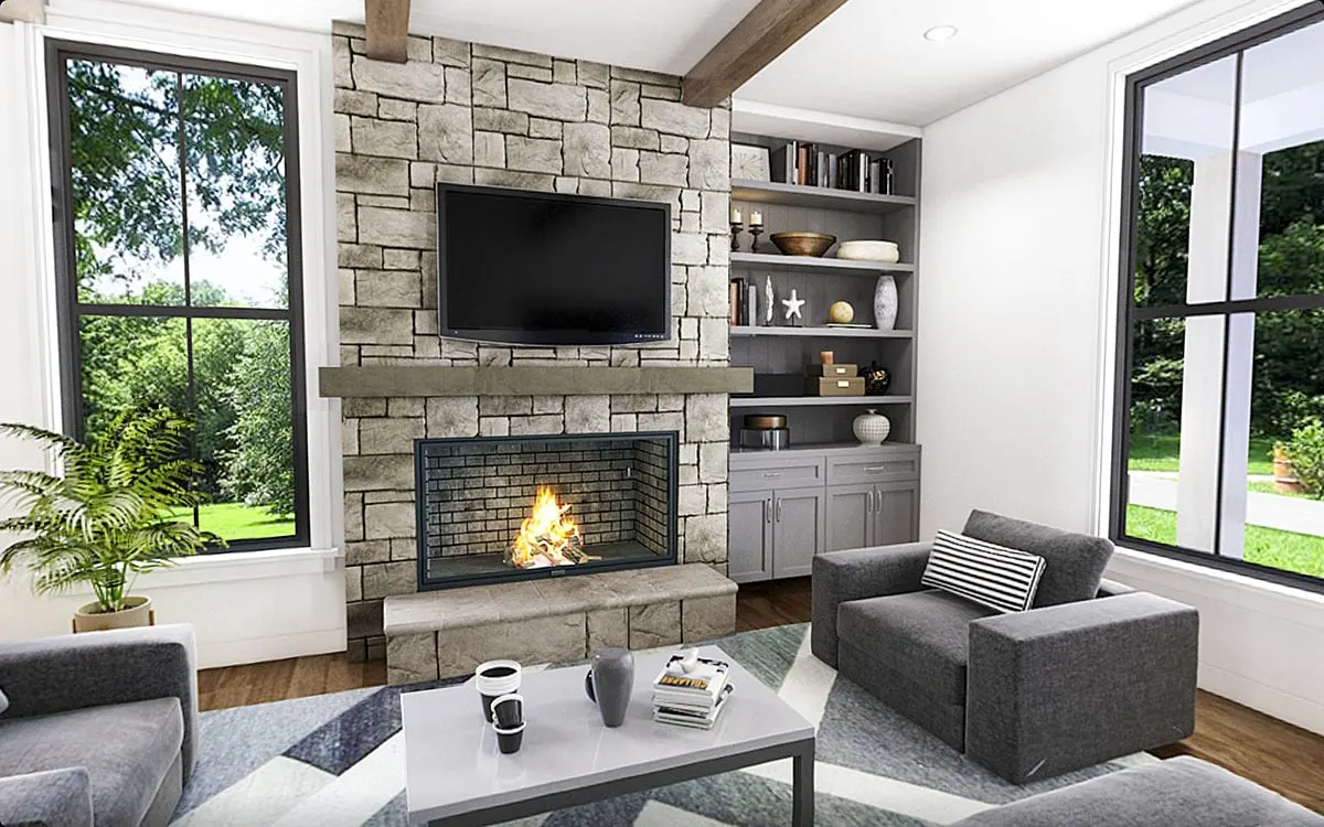 The living room features a gray interior carpet and sofa, as well as a stone brick fireplace.