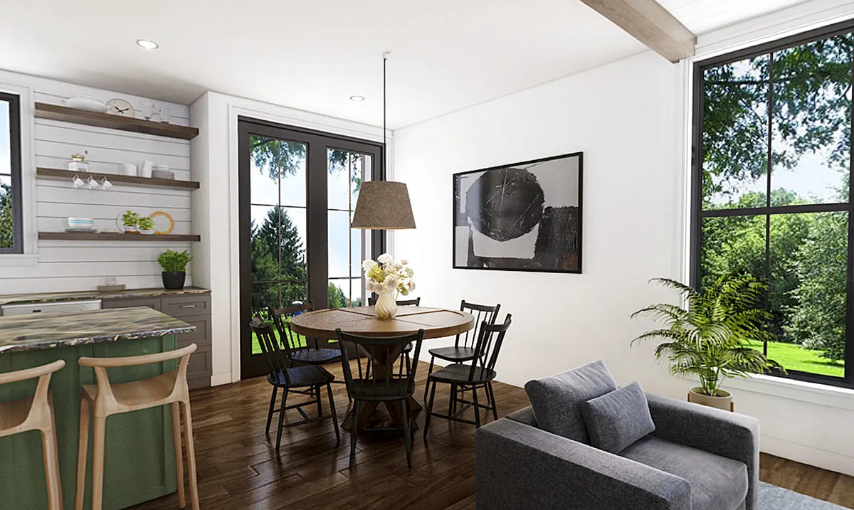 Dining room including a 6-seater wooden accent table and chair.