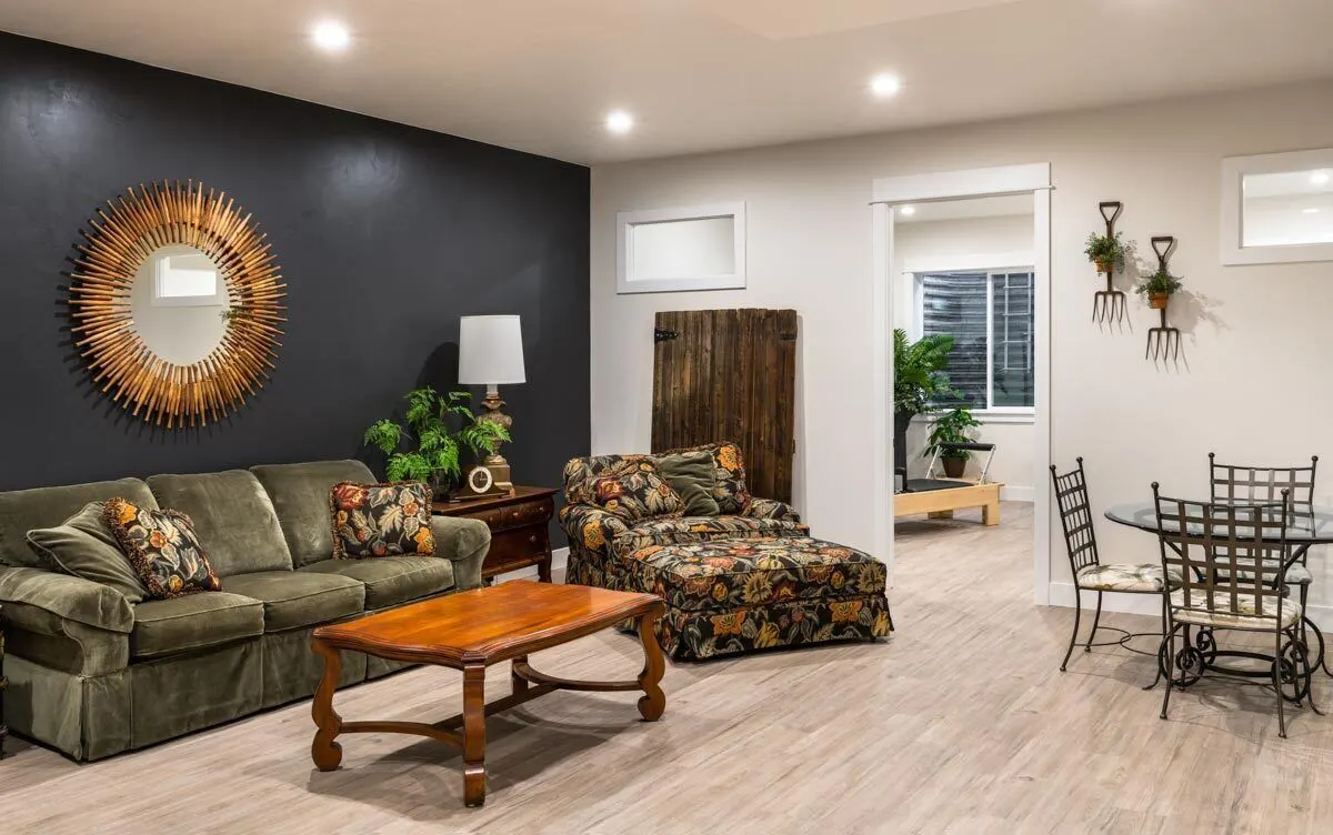 The basement perspective of the spacious recreation room.