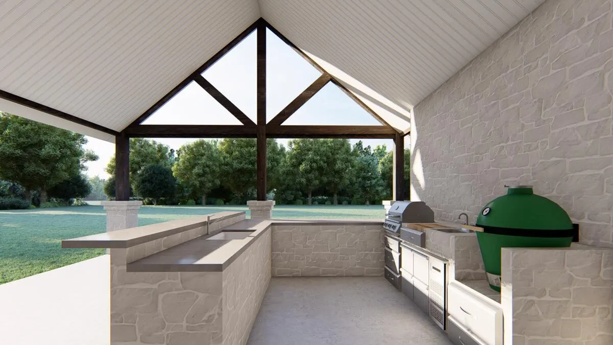 A sizable back porch with an outdoor kitchen that is great for parties.