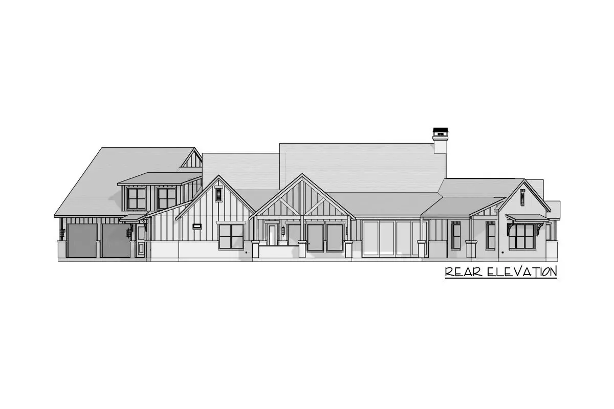 Sketch of the single-story, four-bedroom modern farmhouse's rear elevation.