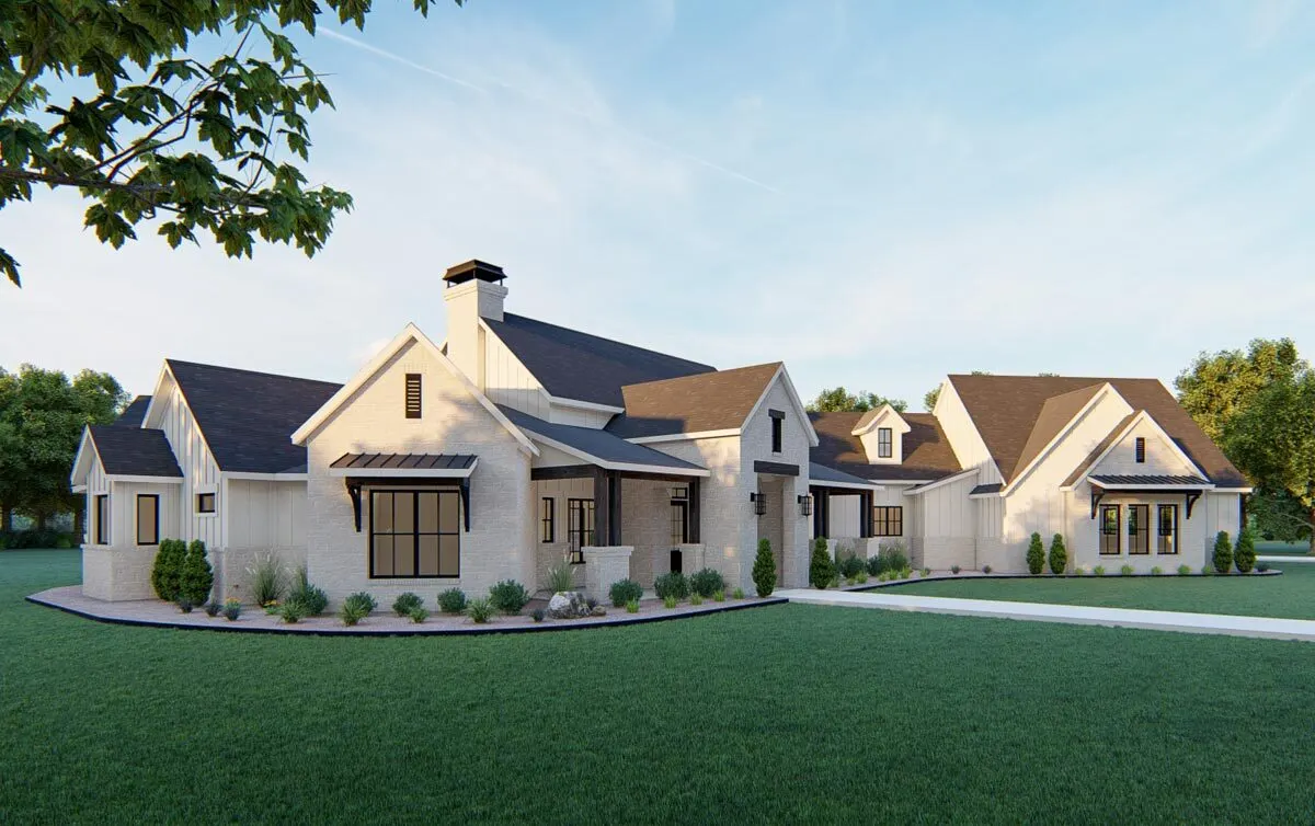 Angled view of the farmhouse highlighting the eye-catching pointed architecture.