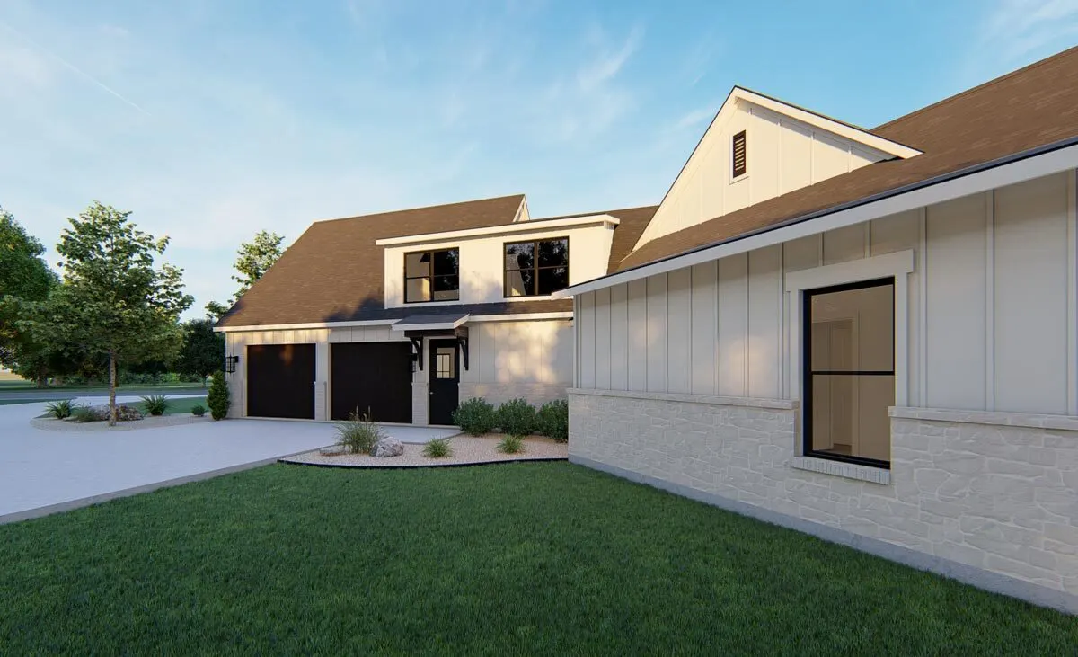 Back perspective of the house, which shows the garage area.