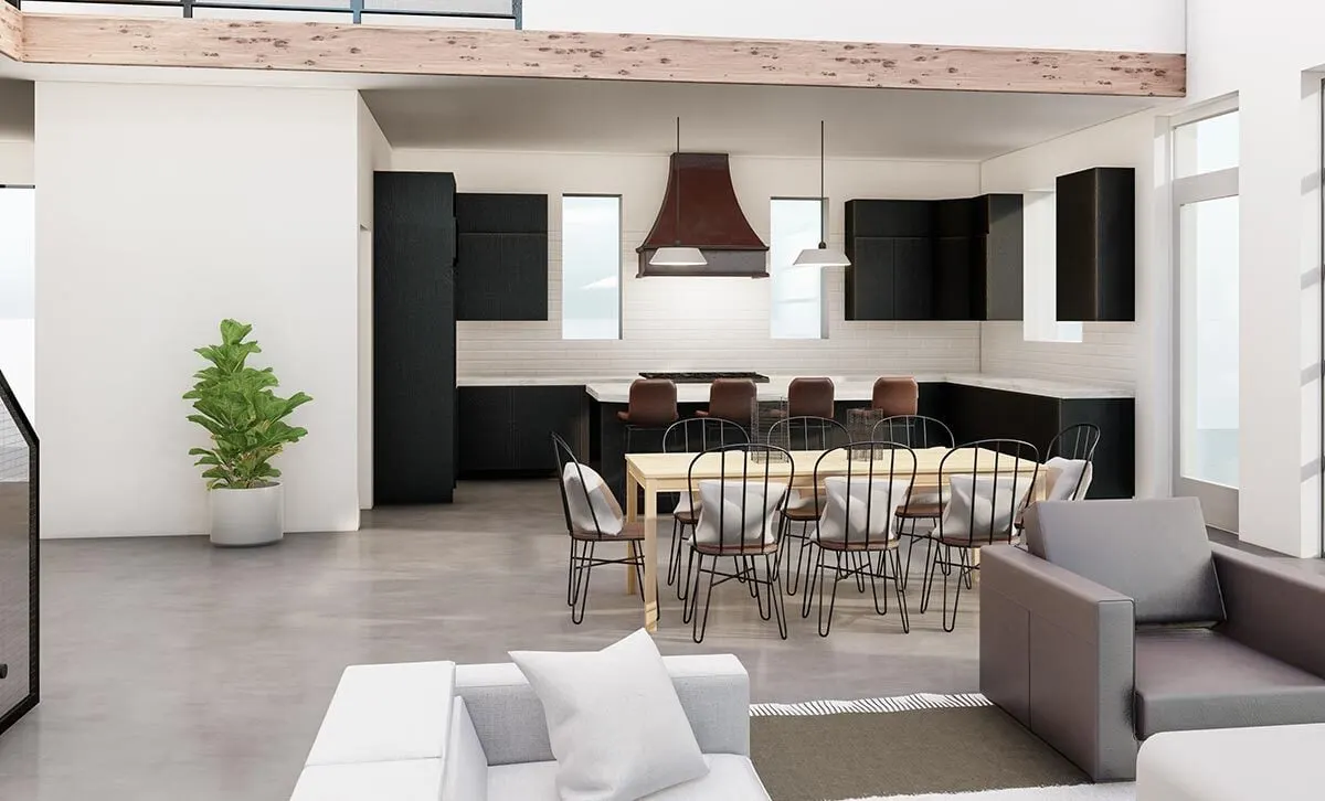 A much closer look at the kitchen space with a built-in cabinet and the dining area.