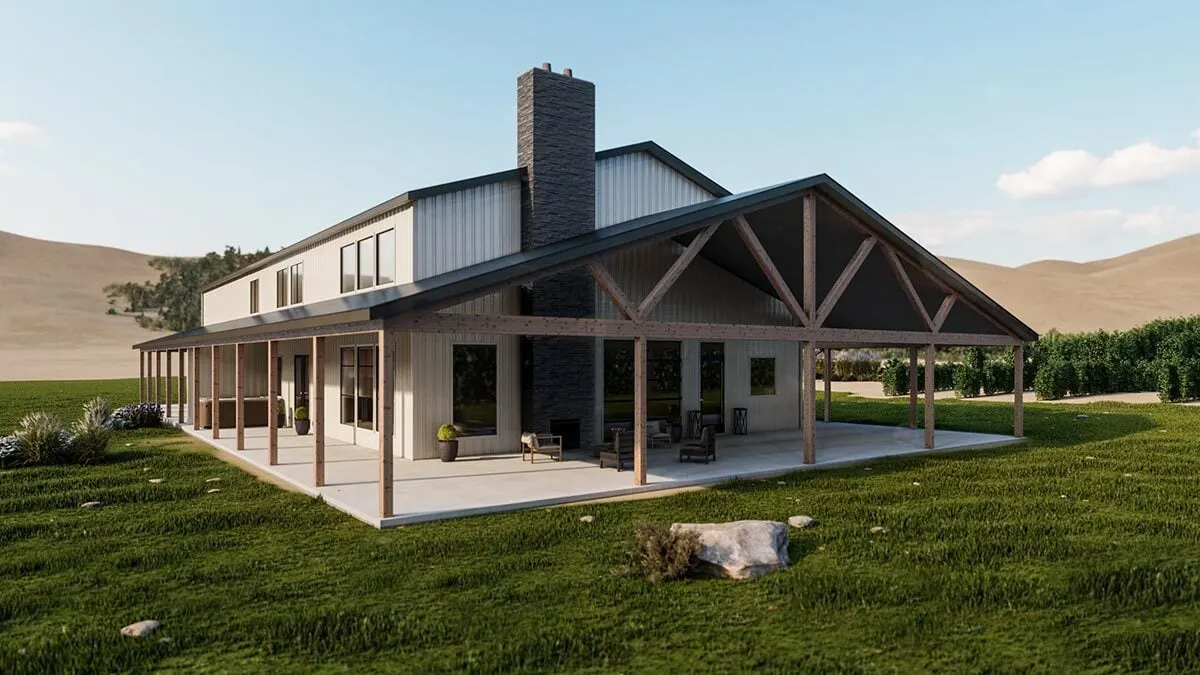 The front covered patio and the main entrance is seen from this view, as well as the chimney.