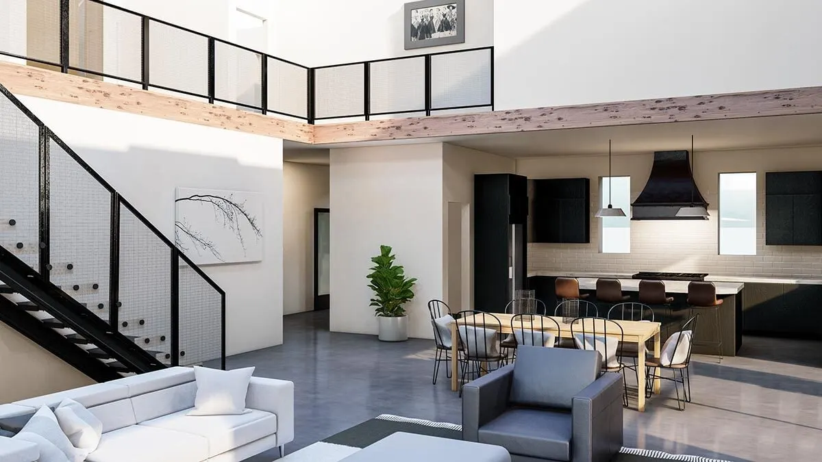 A view from the insider shows a glimpse of the living room, staircase, and kitchen space.