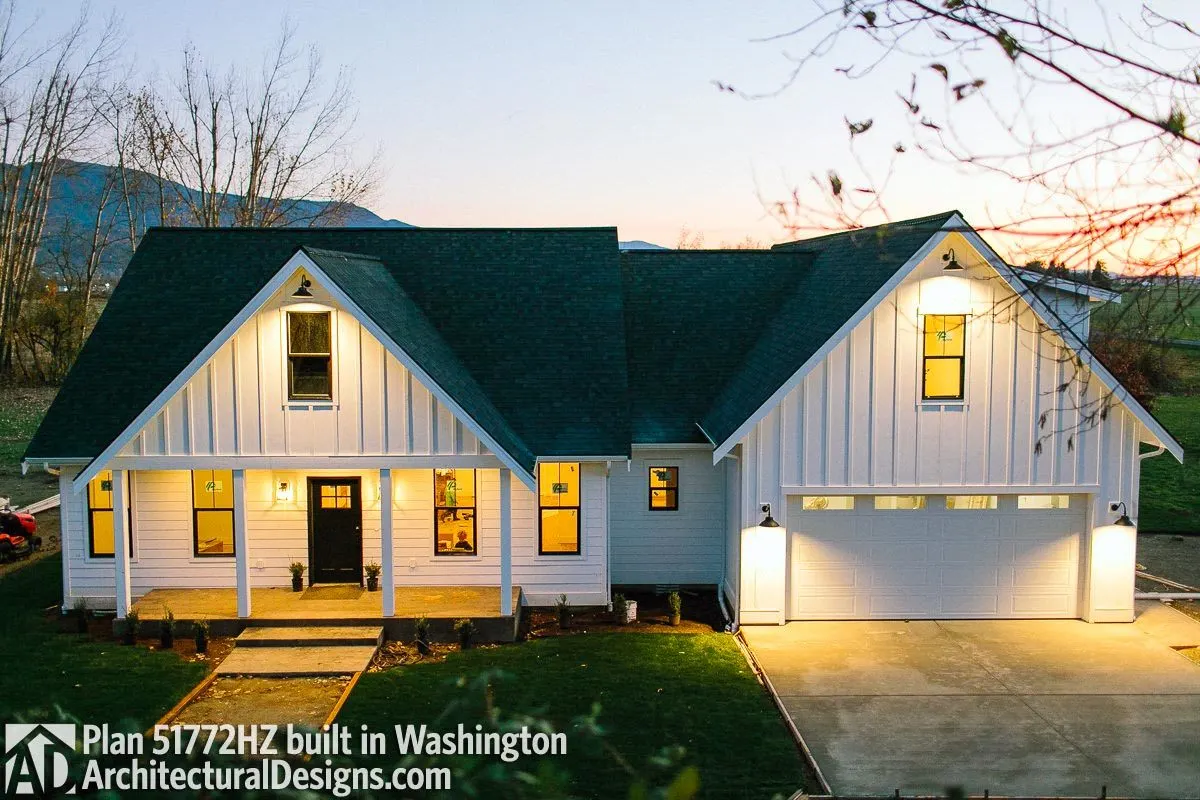 Farmhouse and 3-car garage on the other side instead of a vaulted room with the main entry porch.