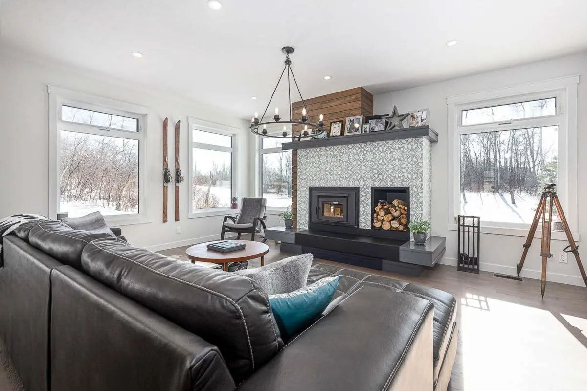 The fireplace in the great room makes the space appear cozy.