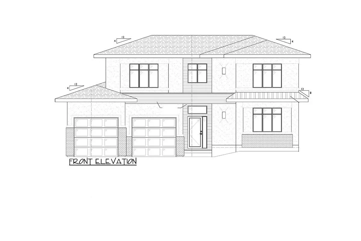 Sketch of the two-story, three-bedroom contemporary prairie home's front elevation.