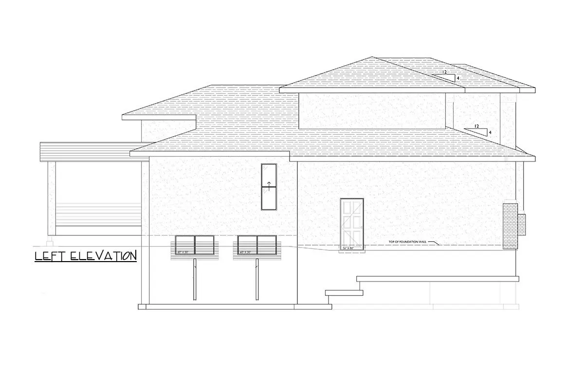 Sketch of the two-story, three-bedroom contemporary prairie home's left elevation.