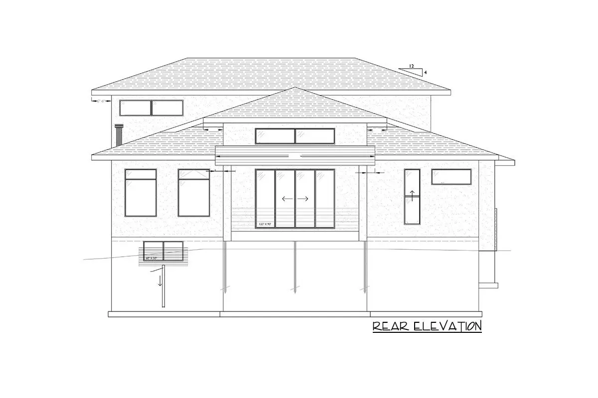 Sketch of the two-story, three-bedroom contemporary prairie home's rear elevation.