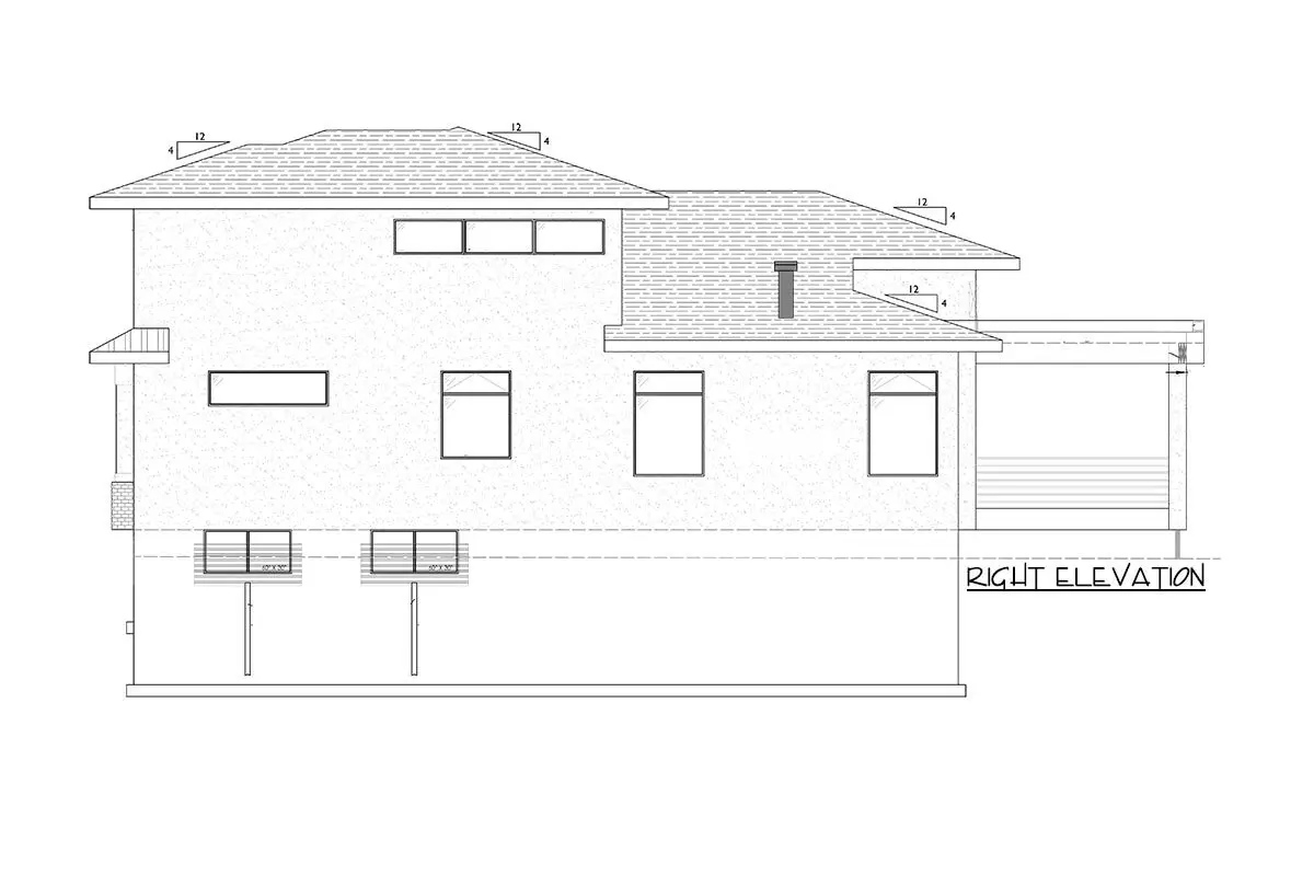 Sketch of the two-story, three-bedroom contemporary prairie home's right elevation.