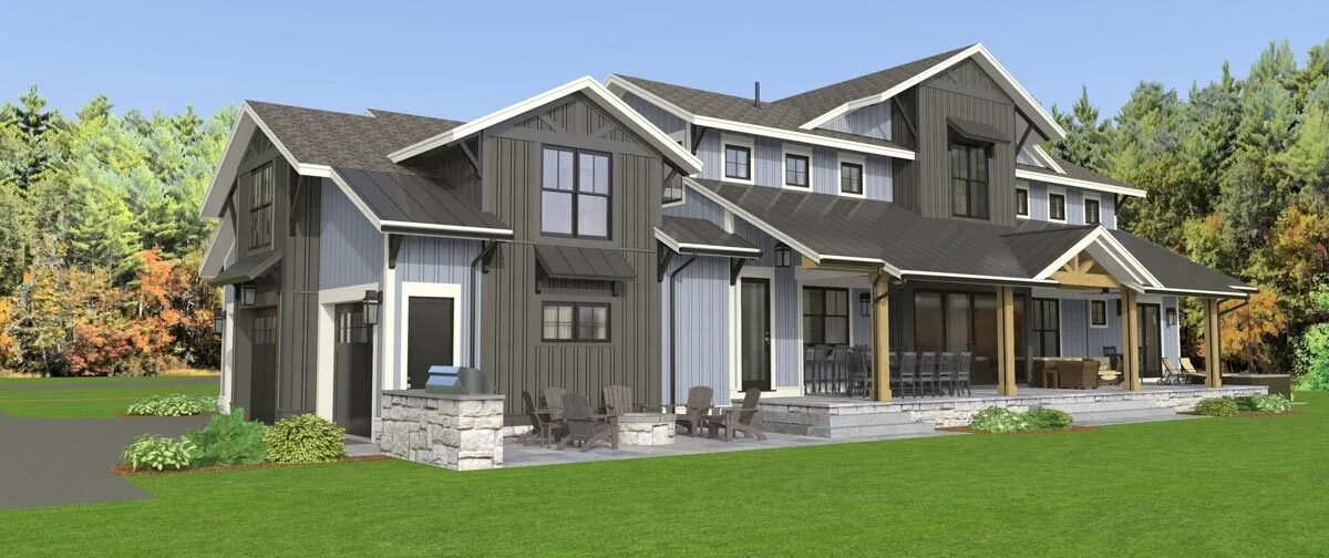 Rear view of the farmhouse with an outdoor/bar serving area.