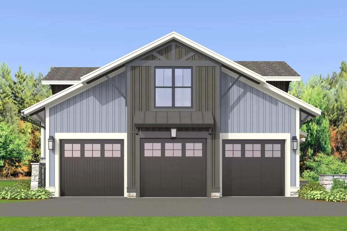 A close-up look of the garage's three big doors.
