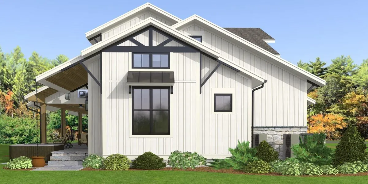 A lovely portrayal of a farmhouse with a wood ceiling on the front porch.