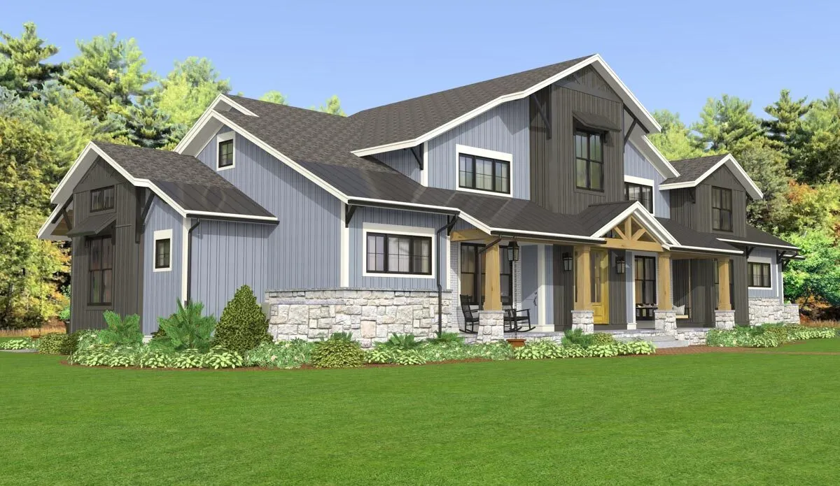 The farmhouse's front porch in a rustic architectural design appears welcoming.