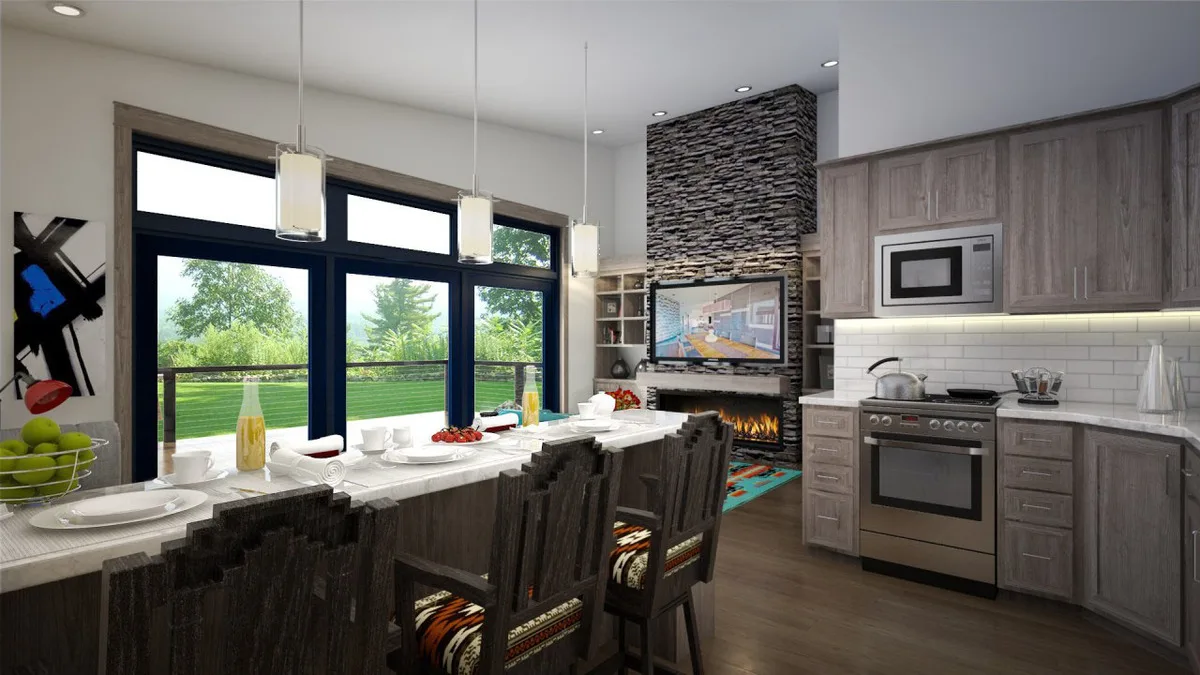 The kitchen area is rustic-style design with a great view of the outdoors.
