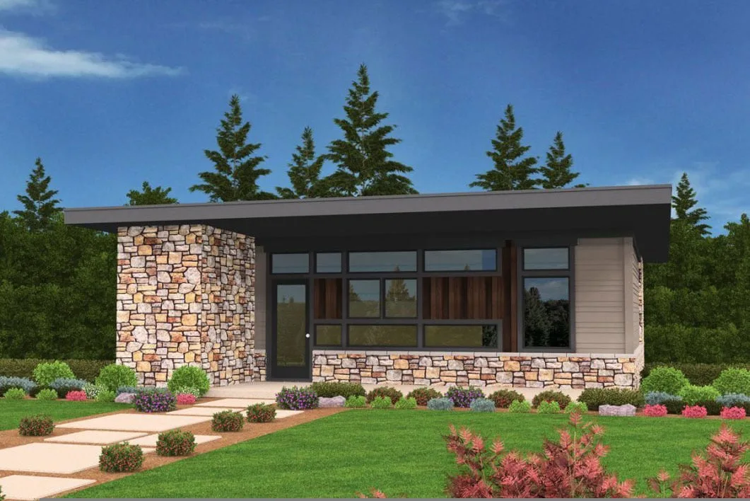 Front image of the cottage house with simple usage of glass doors and windows.