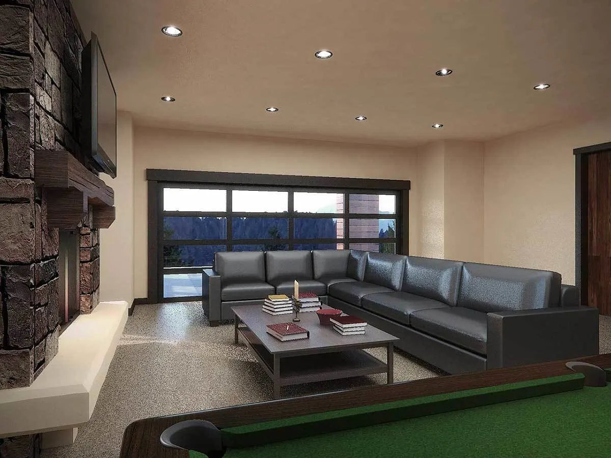 The leisure space includes a fireplace and a gray L-shaped sofa.