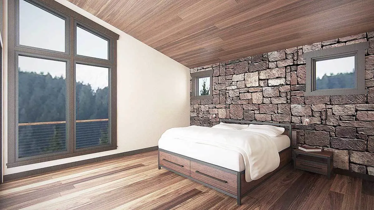 Master bedroom in a relaxing setting with a view of the mountains.