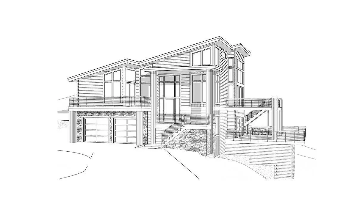 Front elevation drawing of the single-story 3-bedroom exclusive trendsetting modern home.