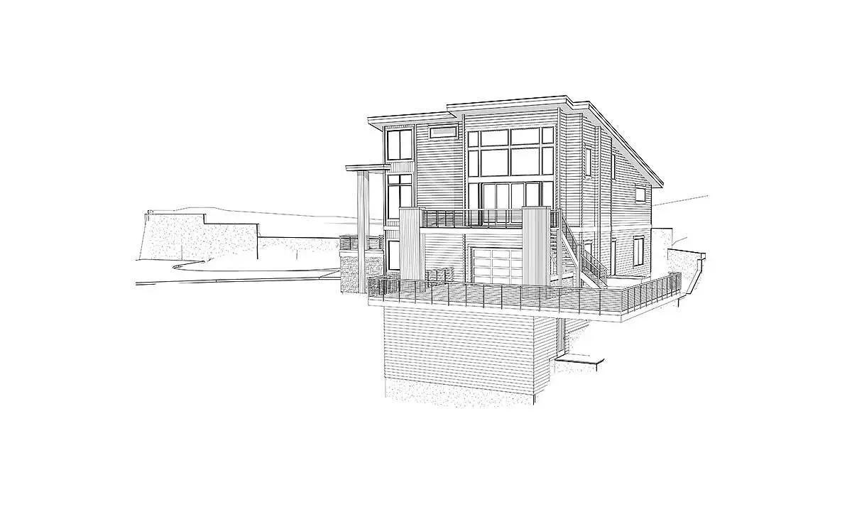 Right elevation drawing of the single-story 3-bedroom exclusive trendsetting modern home.