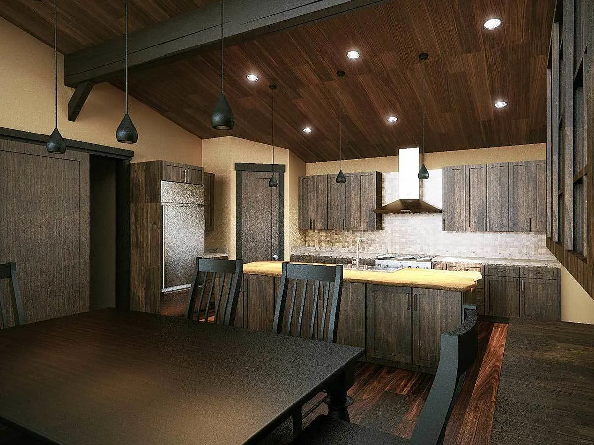 The colors of the backsplash combine wonderfully with the wooden-style dining and kitchen area.