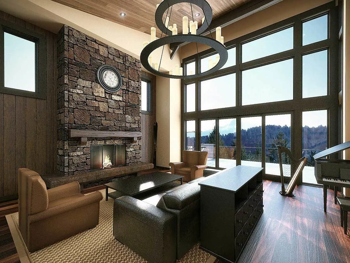 Fireplace with a big dark brown stone frame and a classic clock design.