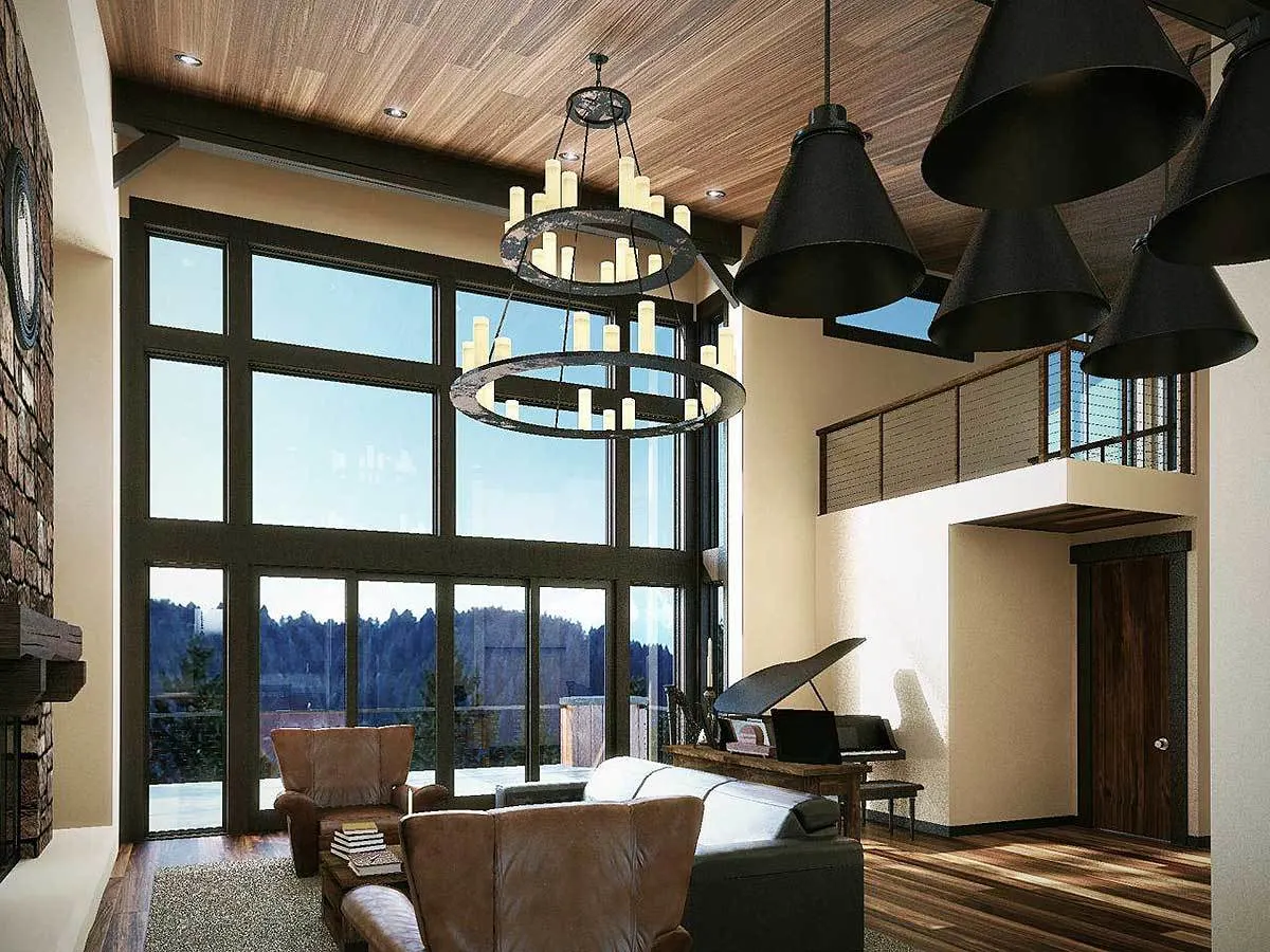 The ceiling matches the brown wood design of the house floor.
