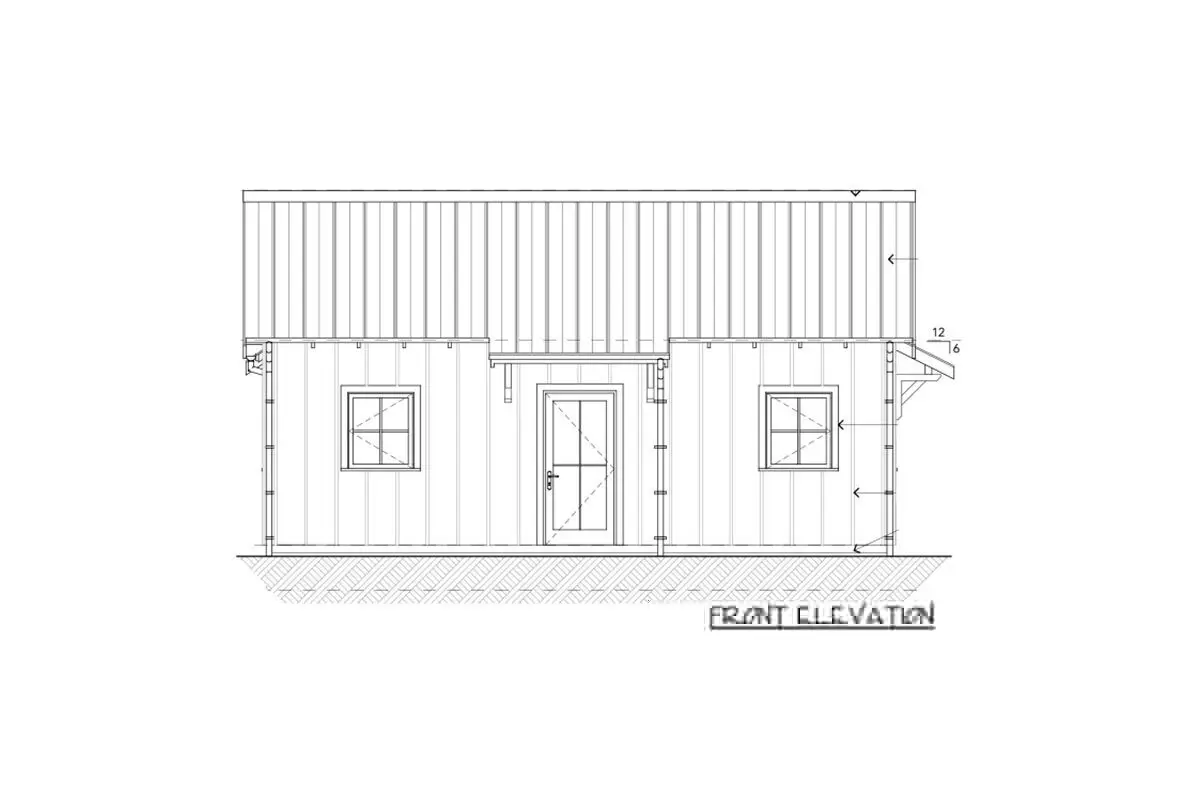 Front elevation sketch of the single-story 1-bedroom wheelchair-accessible cottage farmhouse.