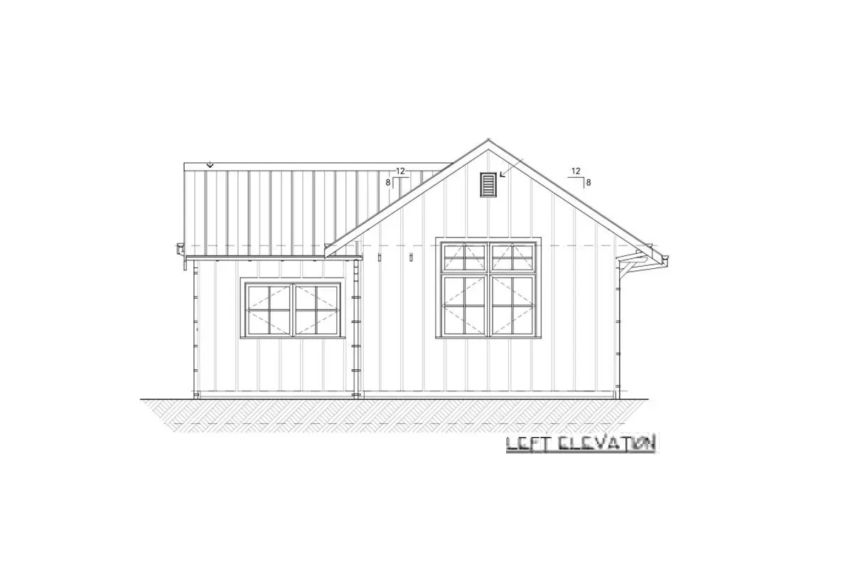 Left elevation sketch of the single-story 1-bedroom wheelchair-accessible cottage farmhouse.