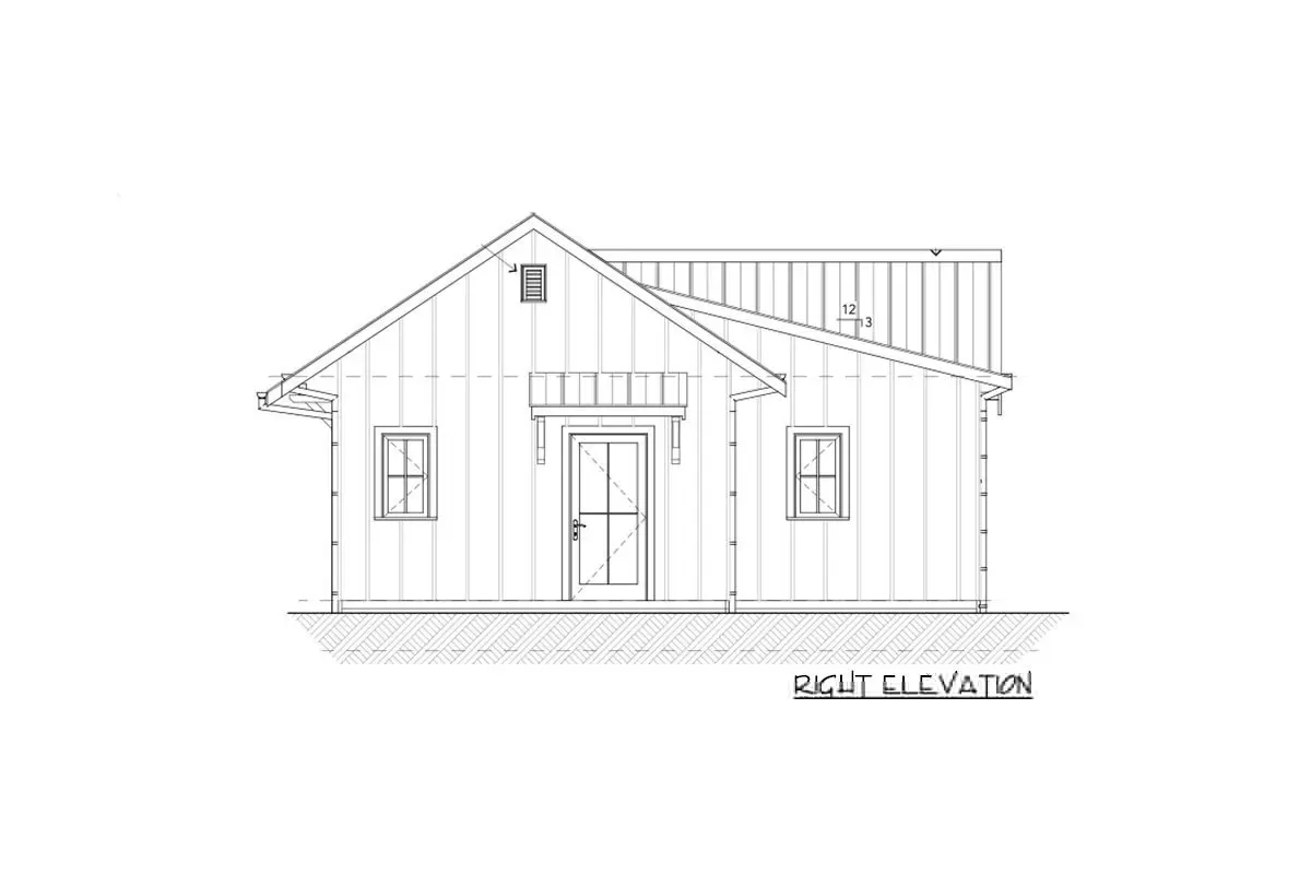 Right elevation sketch of the single-story 1-bedroom wheelchair-accessible cottage farmhouse.
