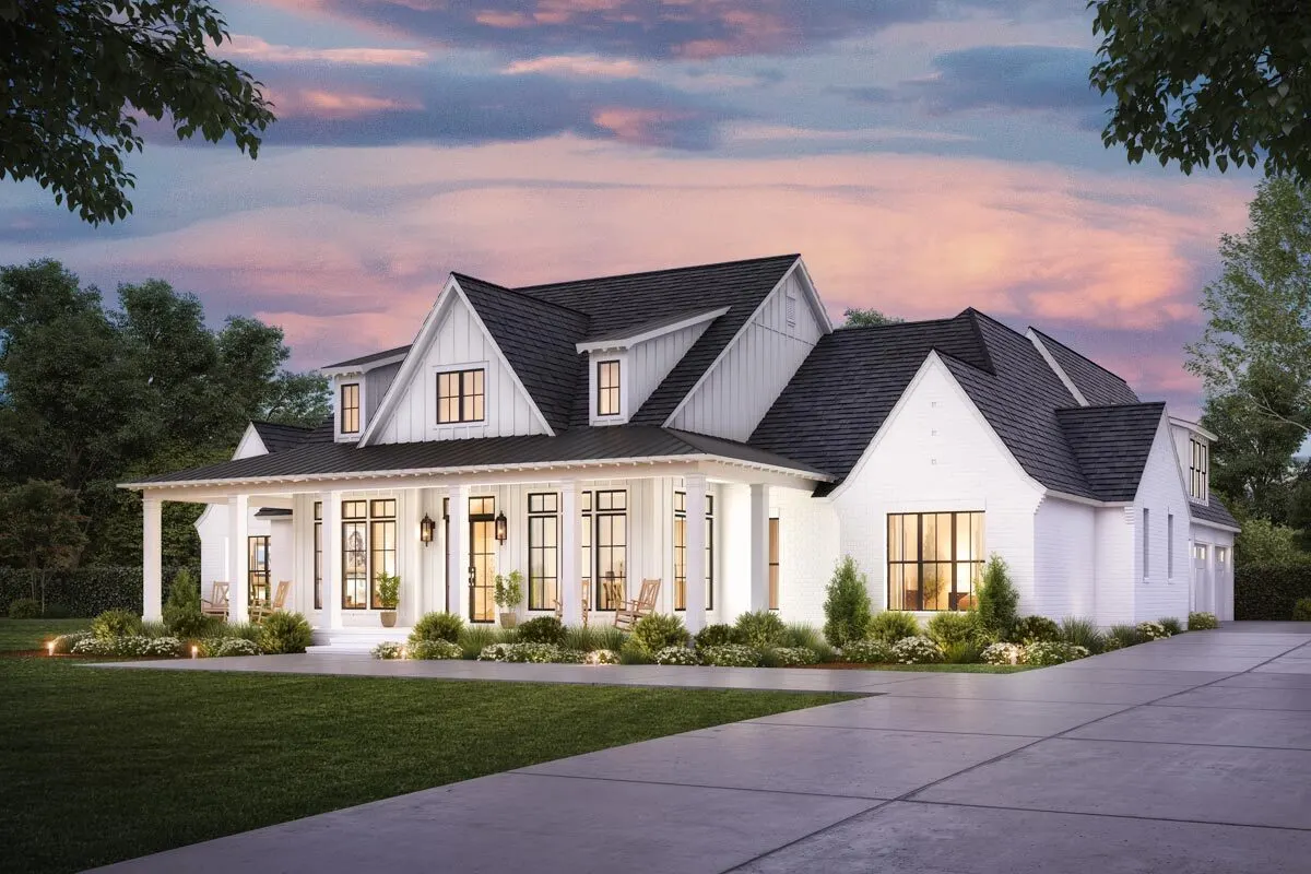 The model farmhouse's lovely two-toned paint gives it a stunning appearance at night.