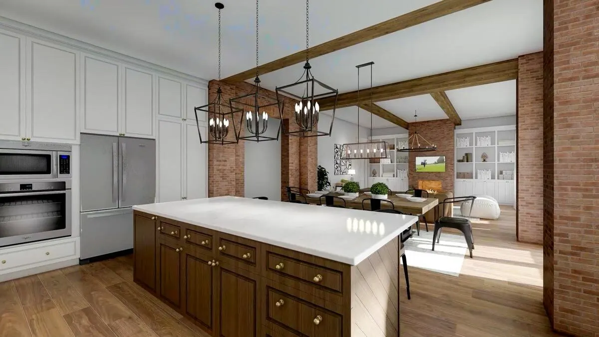 A view from the kitchen, the entertainment area/living room is also seen from this angle along with the dining area.