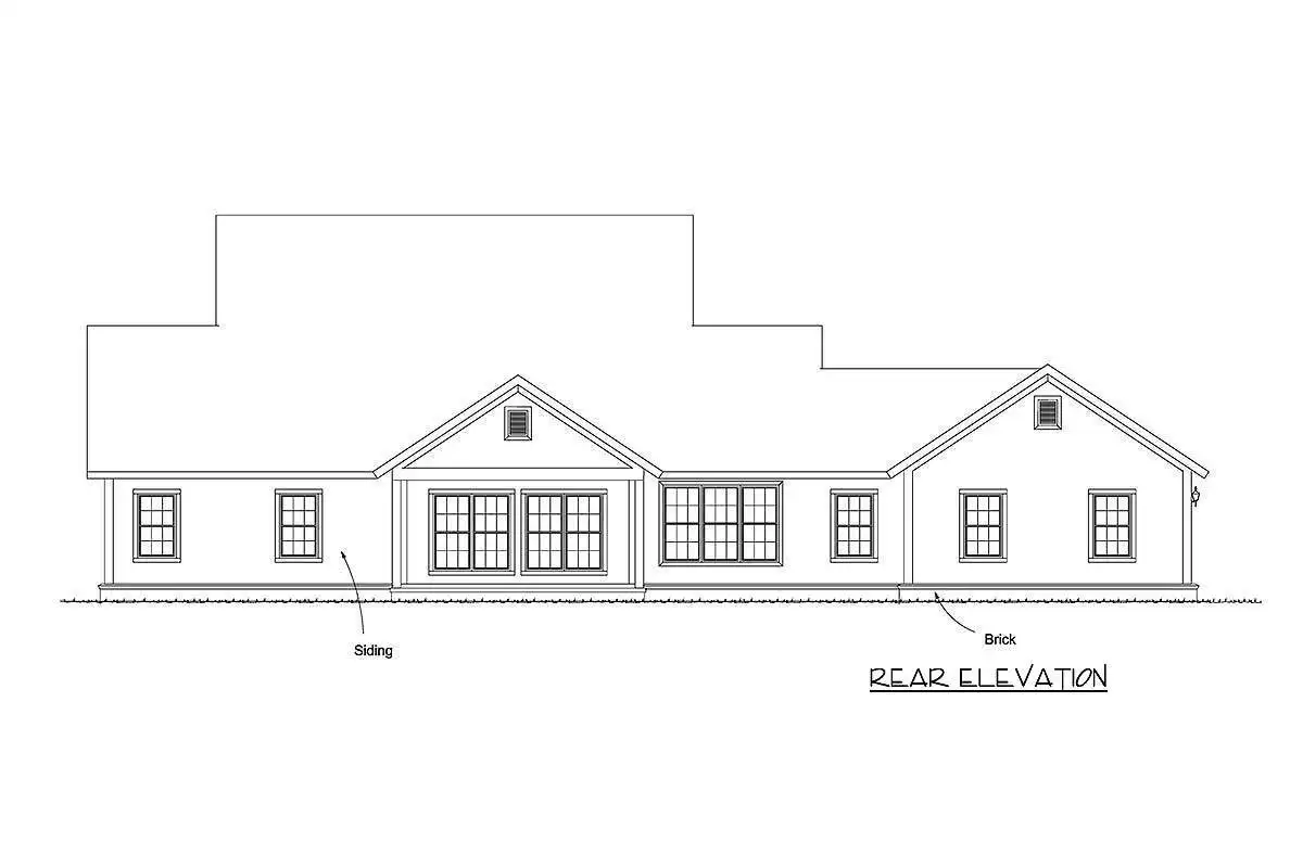 Rear elevation sketch of the two-story 3-bedroom country farmhouse.