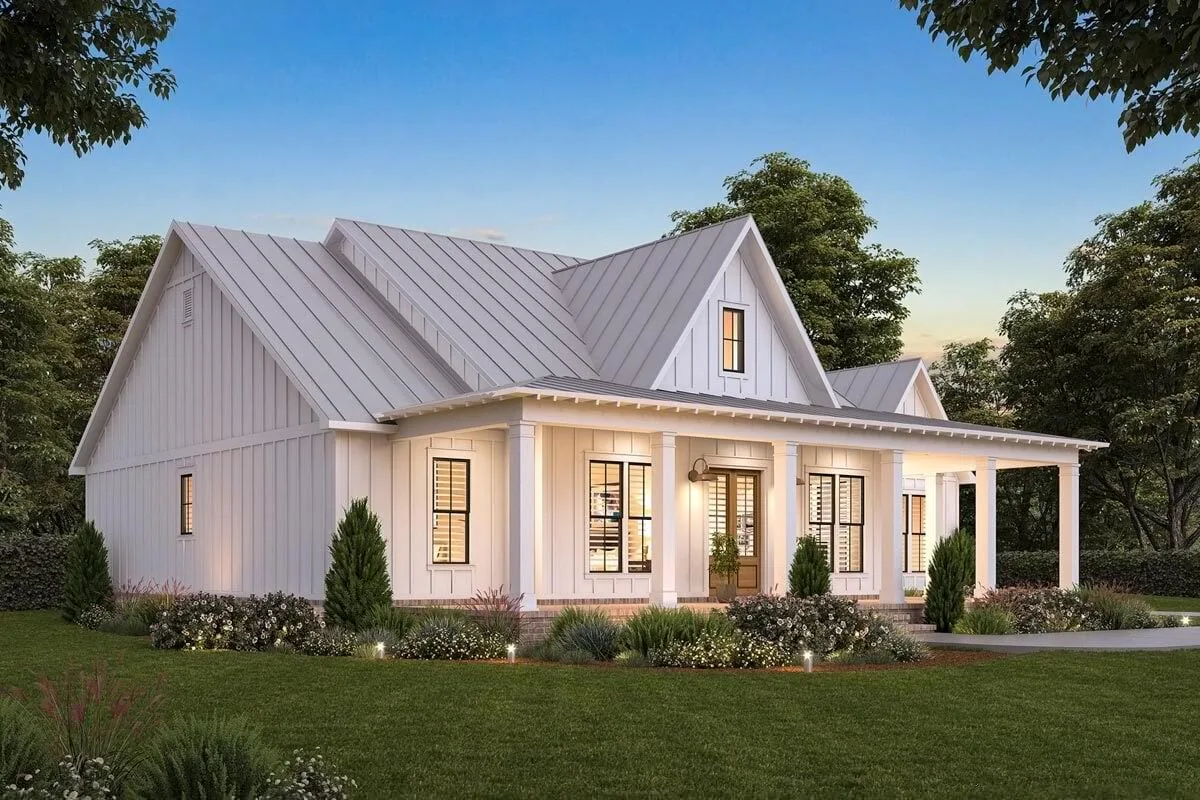 The side of the modern farmhouse with its intricate exterior design and stick frame roof that blends well with the foundation of the house.