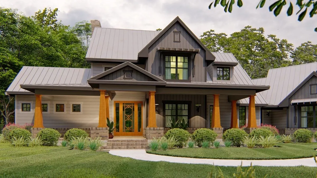 The porch and main entry area look lovely with wooden accent pillars.