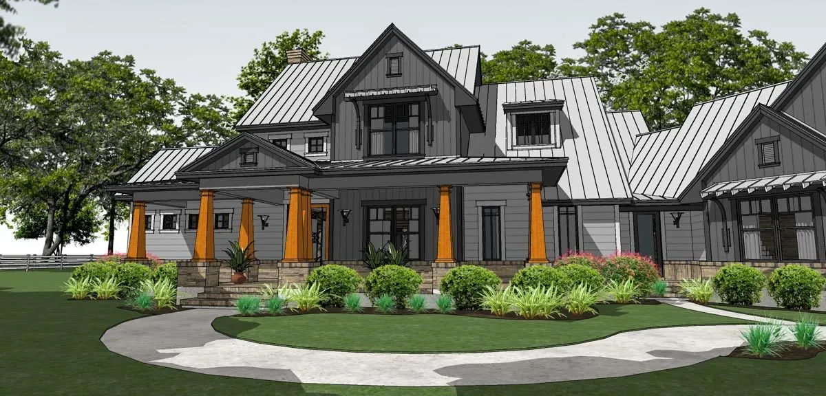 A farmhouse sketch stun with an arch-type pathway leads to the garage.