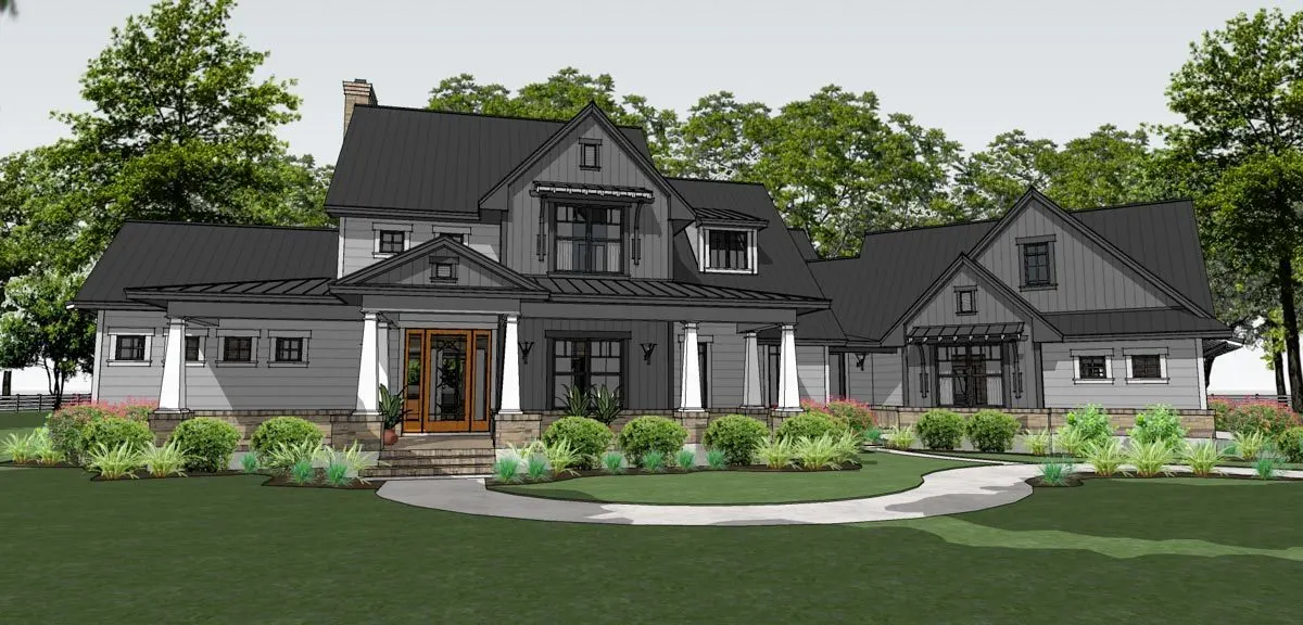 The front view sketch of the farmhouse in full view.